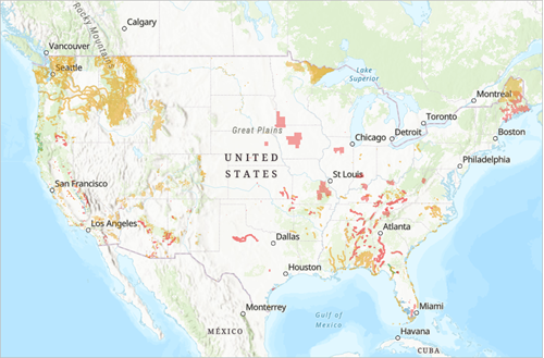 Critical habitat data added to your map and zoomed in to the continental United States.