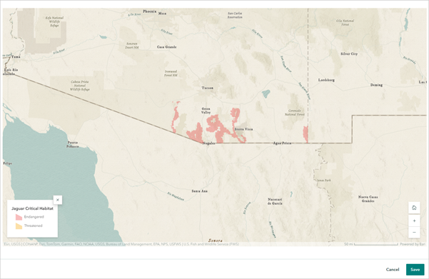 Map centered on jaguar habitat in the Adjust map appearance window.