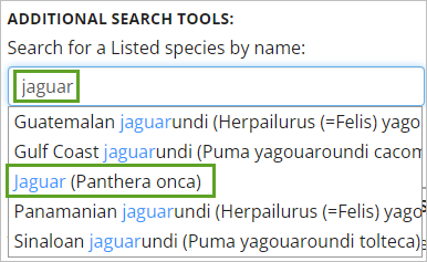Search jaguar under Additional Search Tools on the Threatened & Endangered Species page
