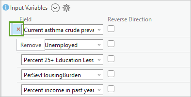 Remove button for a field under Input Variables in the Calculate Composite Index tool pane