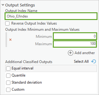 Output Settings parameters entered in the Calculate Composite Index tool pane