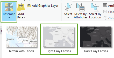 Light Gray Canvas basemap in the Basemap menu on the Map tab
