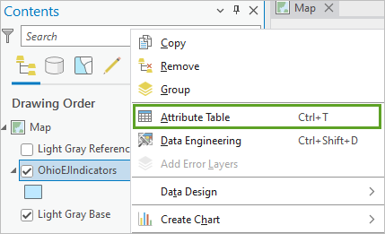 Attribute Table for the OhioEJIndicators layer