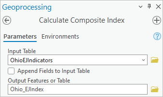 Parameters entered in the Calculate Composite Index tool pane