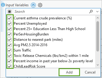 The 10 indicator fields checked in the Add Many menu and the Add button