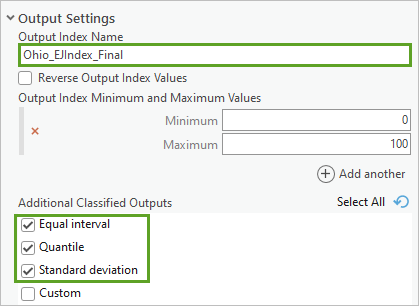 Output Settings parameters entered in the Calculate Composite Index tool pane
