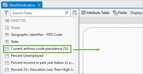 Drag the Current asthma crude prevalence (%) to the statistics panel in the Data Engineering view