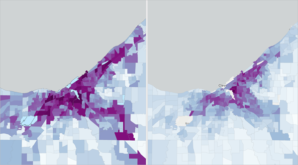 Two index maps zoomed into the Cleveland area