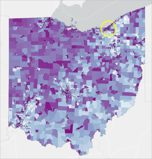 Cleveland marked on the map of Ohio