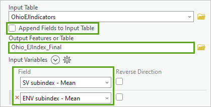 Updated parameters for combining the subindices in the Calculate Composite Index tool pane