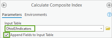 Input parameters in the Calculate Composite Index tool pane