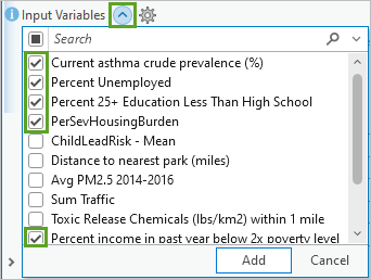 Social vulnerability indicators checked on the Add Many menu