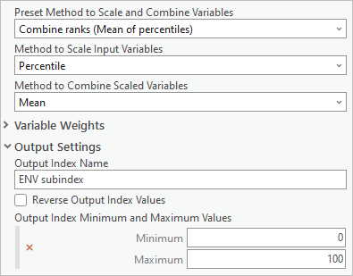Parameters entered for the environmental subindex on the Calculate Composite Index tool pane