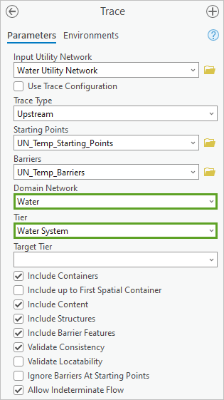 Domain Network set to Water and Tier set to Water System in the Trace tool