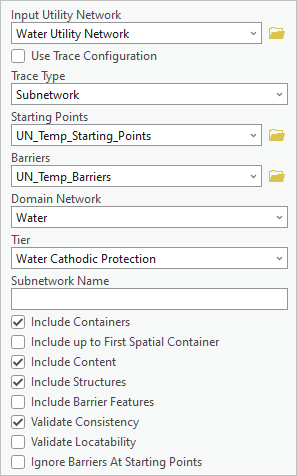 Parameters for the Trace tool