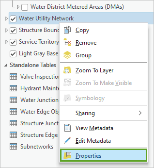 Properties option in the Water Utility Network layer's context menu