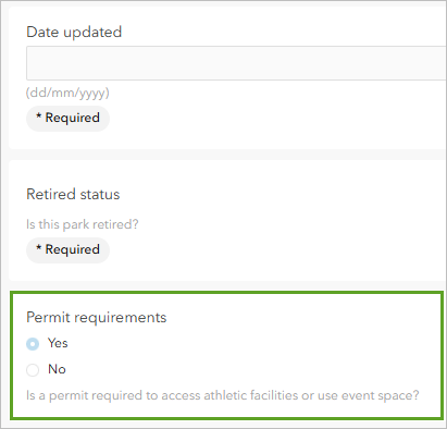 Permit requirements field selected