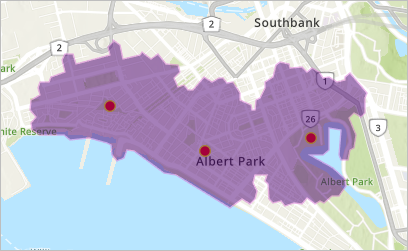 Three walk-time areas in purple