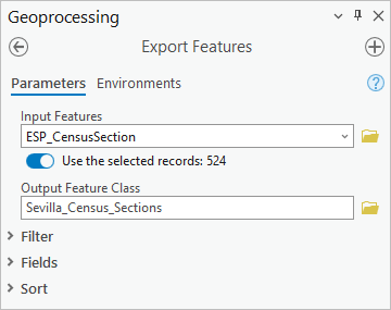 Export Features tool parameters