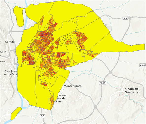 Map showing population density attribute in Sevilla_Census_Sections layer
