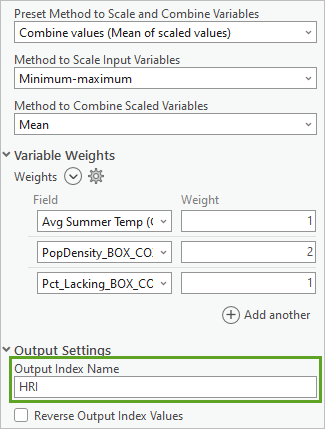 Calculate Composite Index tool parameters