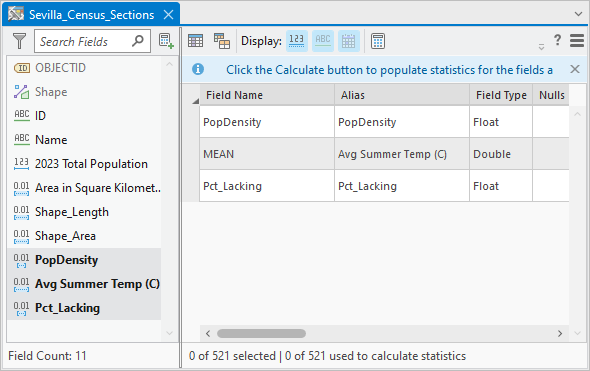 Add fields to the Statistics panel