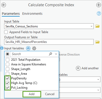 Three index inputs for the Input Variables parameter
