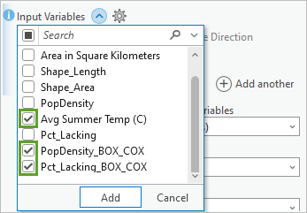 Three index inputs for the Input Variables parameter