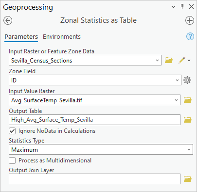 Parameters for the Zonal Statistics as Table tool