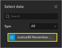 Justice40 map added to the Select data pane