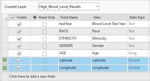 Latitude and Longitude fields selected