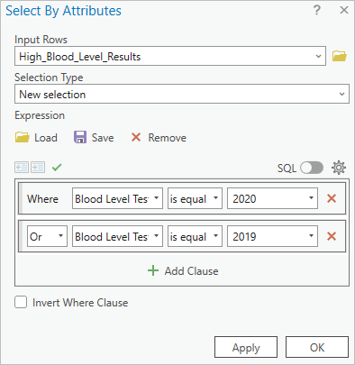The Select by Attributes tool is ready to select features with values of 2020 or 2019.