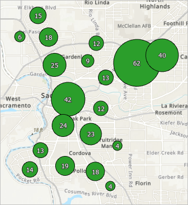 Map showing adjusted cluster radius for the map extent and scale