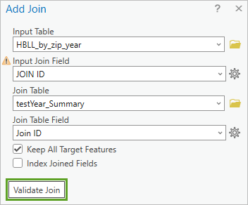 Add Join parameters filled out with Validate Join button highlighted