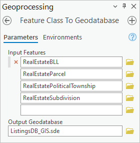 Feature Class to Geodatabase window populated with the list of feature classes