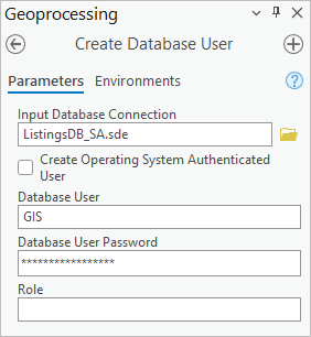 Create Database User parameters
