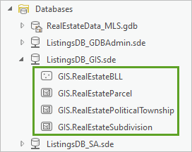 The four feature classes under ListingsDB_GIS.sde