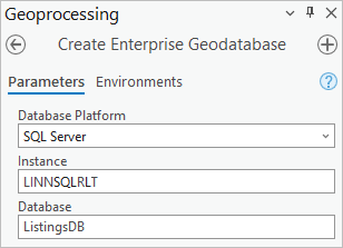 Create Enterprise Geodatabase parameters