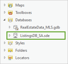ListingsDB_SA.sde database connection listed under Databases