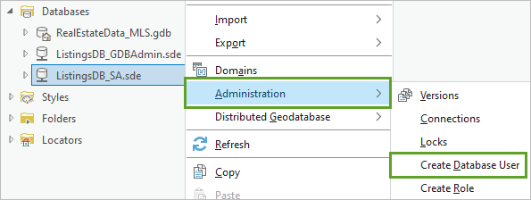 Create Database User menu option