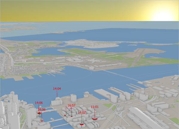 Tilted 3D view of sun rising over Boston Harbor