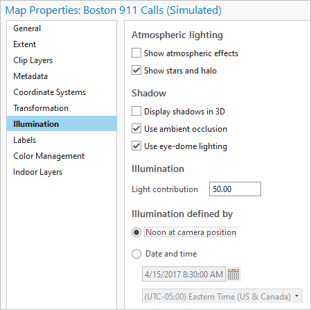 Settings in the Map Properties: Boston 911 Calls (Simulated) window