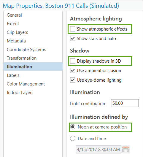 Settings in the Map Properties: Boston 911 Calls (Simulated) window