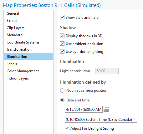 Settings in the Map Properties: Boston 911 Calls (Simulated) window
