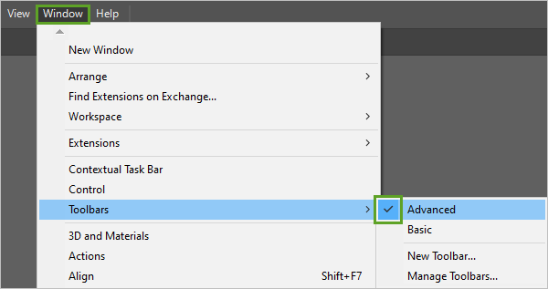 Advanced toolbar selected in the Window menu.
