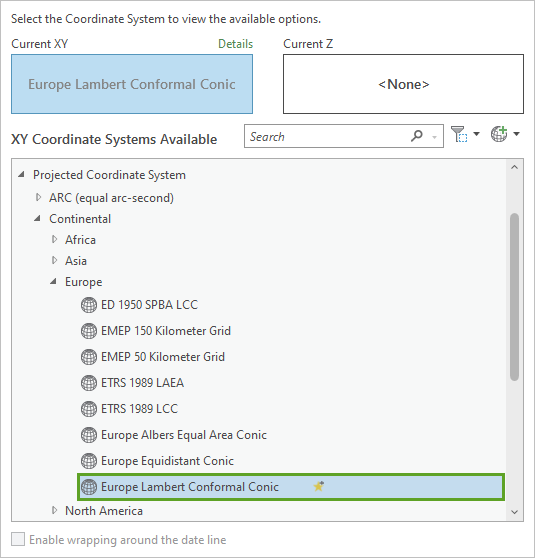 Europe Lambert Conformal Conic projected coordinate system selected in the Map Properties window.