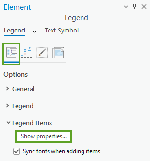 Options tab and Show properties button in the Element pane