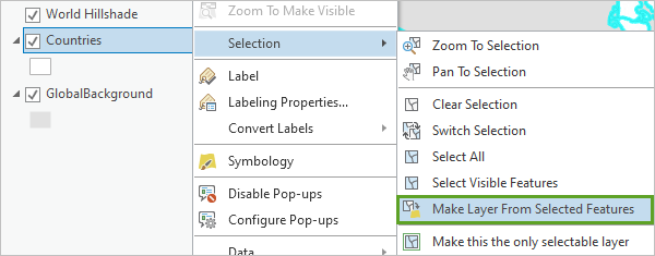 Make Layer From Selected Features option in the context menu for the Countries layer
