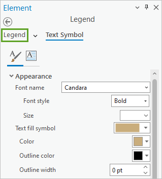 Legend tab in the Element pane