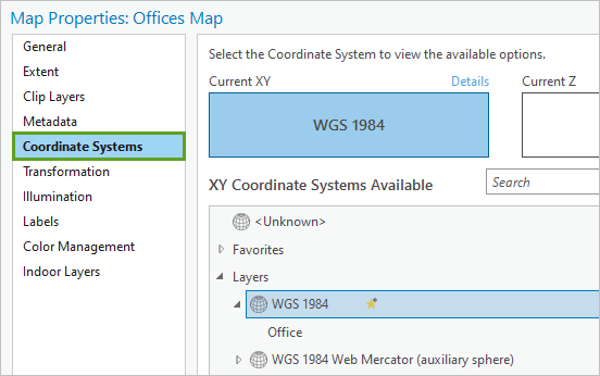 Coordinate Systems tab in the Map Properties window